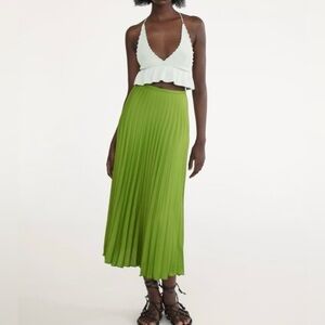 Zara High Waisted Lime Green A-Line Pleated Midi Skirt Size XS